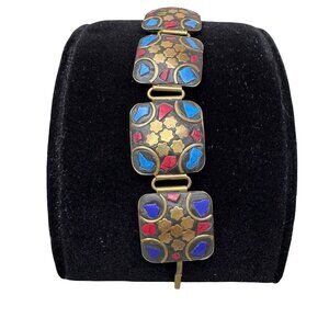 Vintage Tibetan Enamel Mosaic Brass Ethnic Bracelet Multicolor Stone Inlay 8"